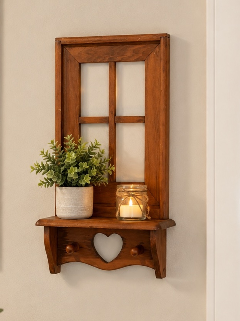 Handmade Rustic Wood Window Shelf with Heart Cutout & Pegs 16” Farmhouse